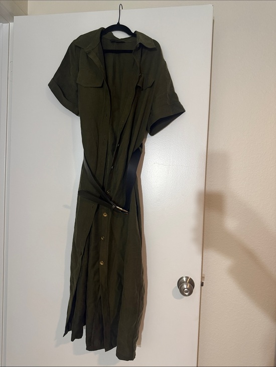 Zara Dresses & Skirts - Zara Olive Green Midi Shirt Dress with Belt